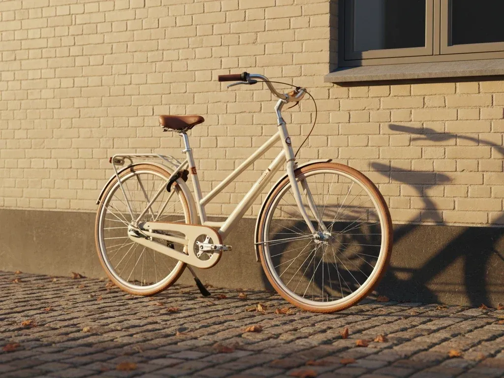 Dame el-cykel parkeret mod en cremefarvet murvæg i sen eftermiddagsol — symbol for vores 2026-test af de bedste dame el-cykler i Danmark